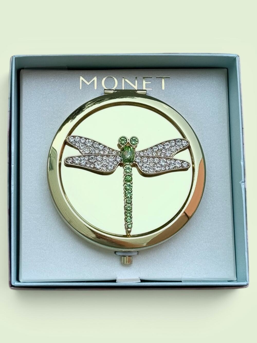 MONET Dragonfly Compact Mirror Gold Tone Green Rhinestone New In Box Insect Bug